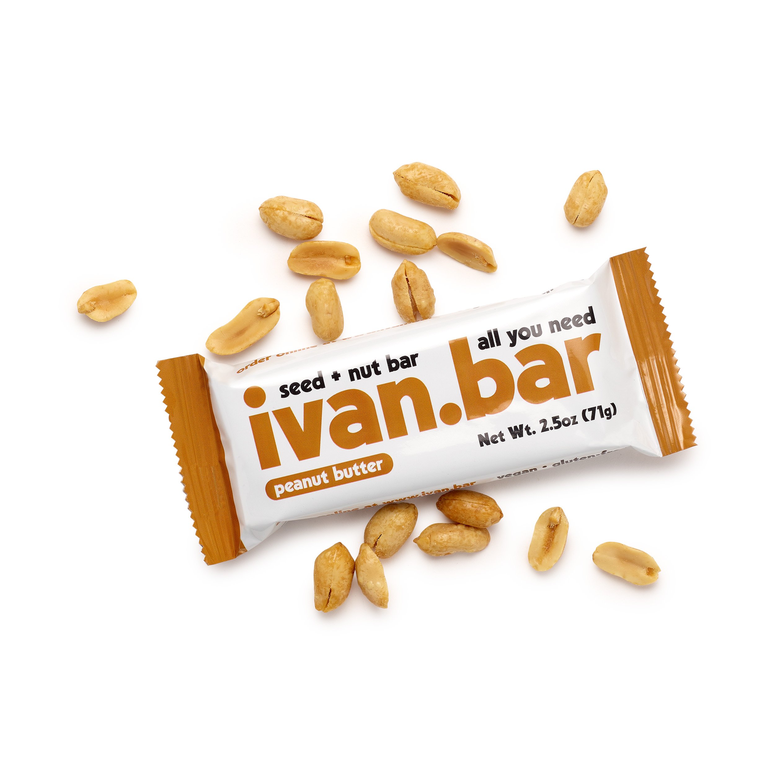 A box of Peanut Butter Seed + Nut Bars featuring 16 individually wrapped bars made with roasted peanuts and assorted seeds.