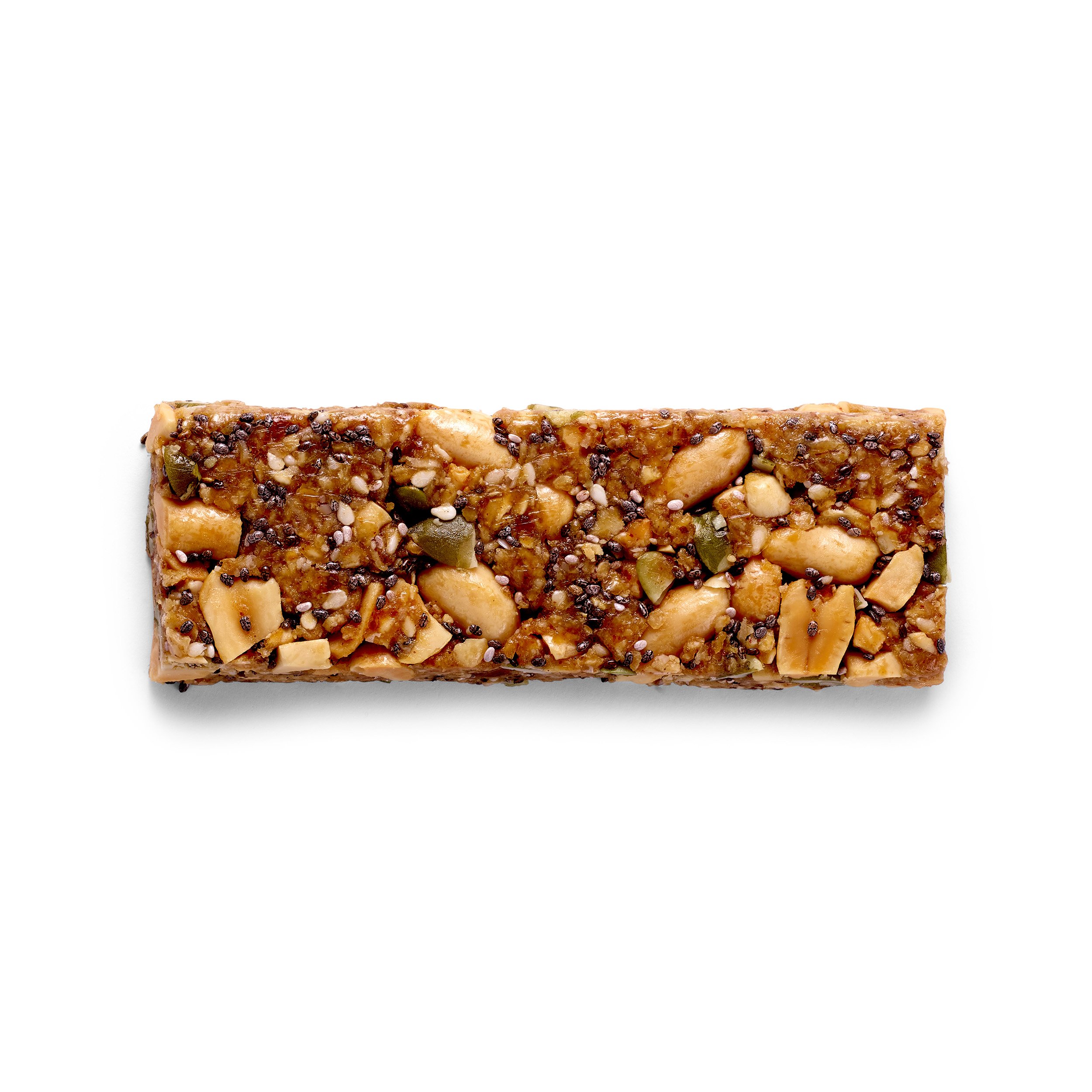 A box of Peanut Butter Seed + Nut Bars featuring 16 individually wrapped bars made with roasted peanuts and assorted seeds.