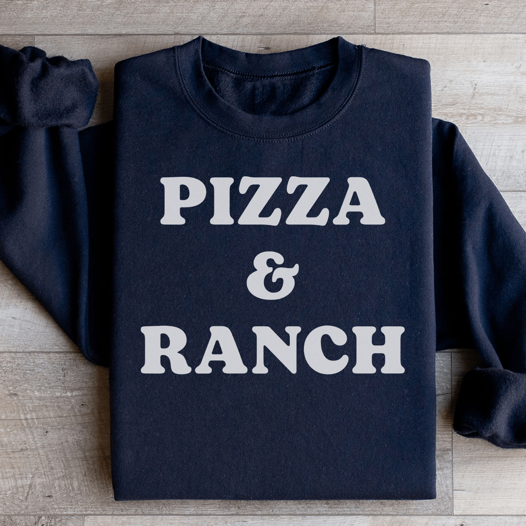 A cozy Pizza & Ranch hoodie featuring a unique design, made from a soft cotton/poly fleece blend, perfect for pizza lovers.