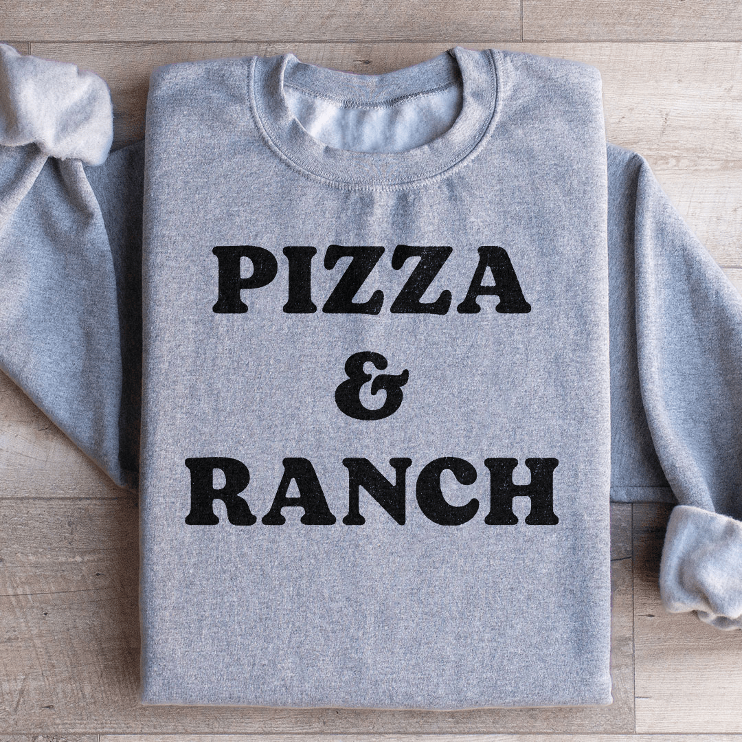 A cozy Pizza & Ranch hoodie featuring a unique design, made from a soft cotton/poly fleece blend, perfect for pizza lovers.