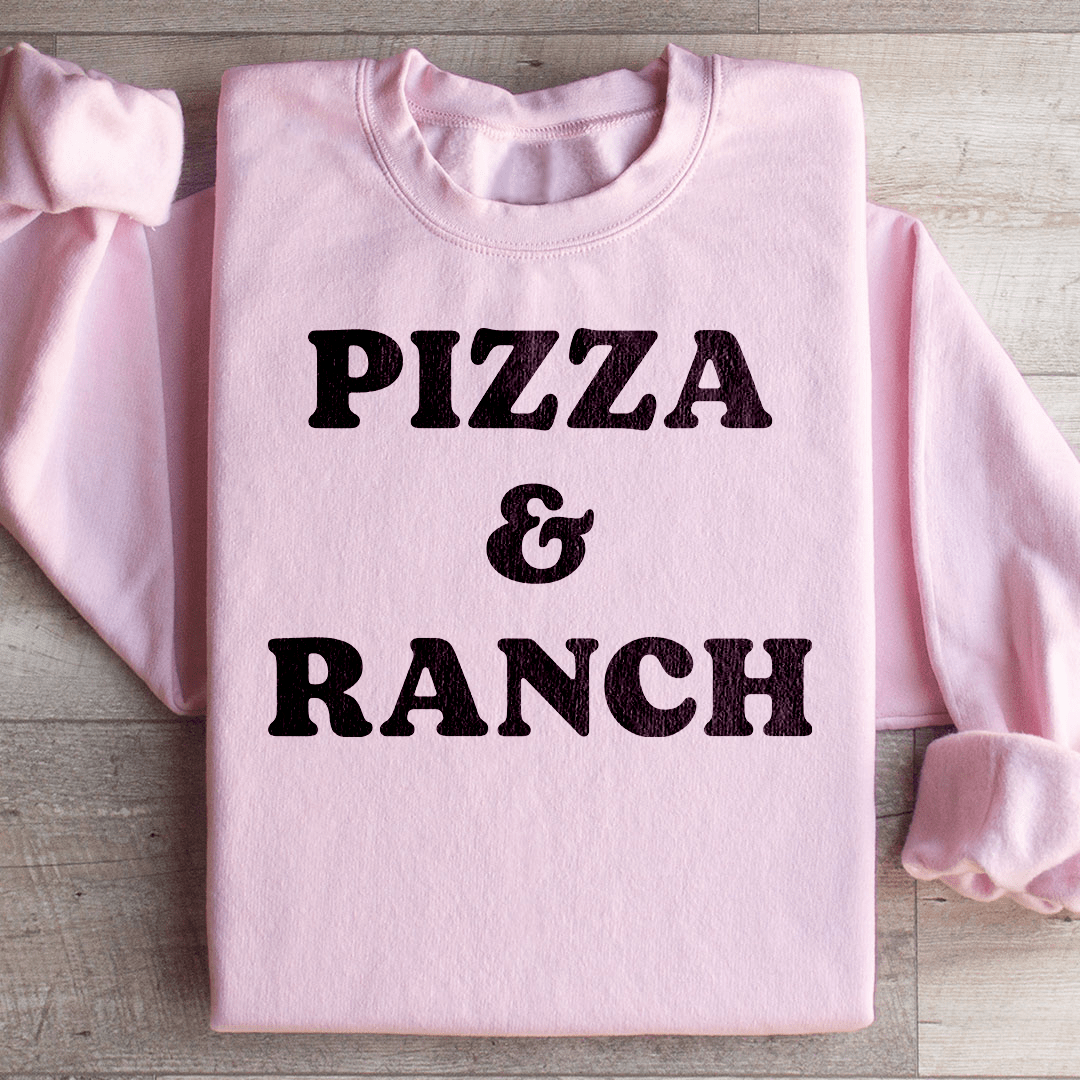 A cozy Pizza & Ranch hoodie featuring a unique design, made from a soft cotton/poly fleece blend, perfect for pizza lovers.