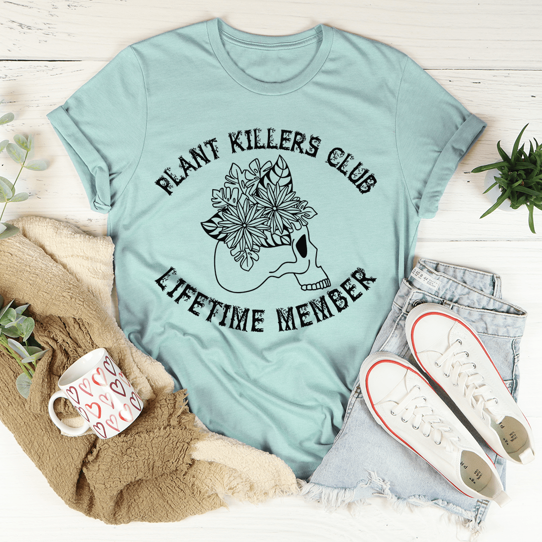 Plant Killers Club T-Shirt made of soft ring-spun cotton, featuring double stitching for durability and a playful design for plant lovers.