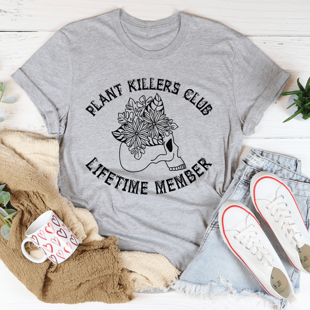 Plant Killers Club T-Shirt made of soft ring-spun cotton, featuring double stitching for durability and a playful design for plant lovers.