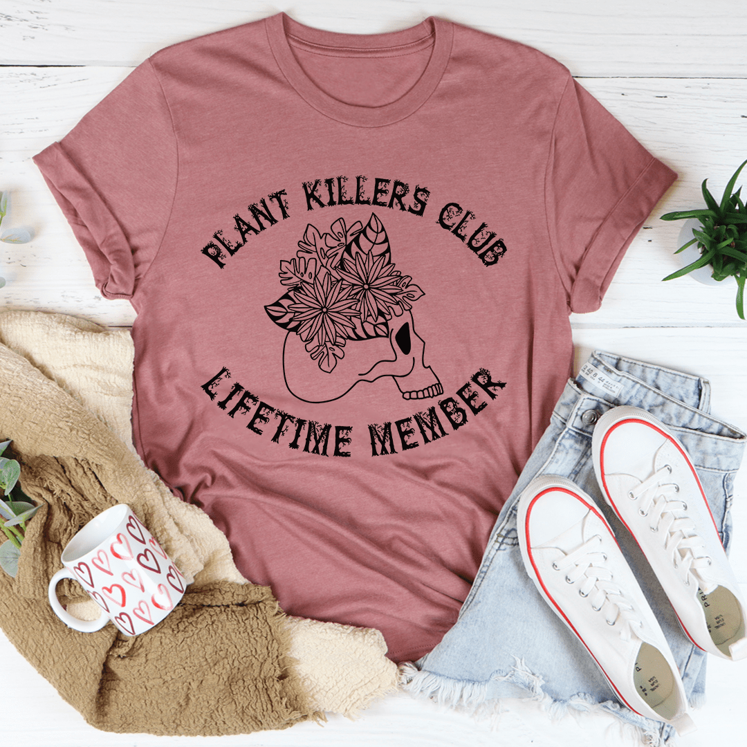 Plant Killers Club T-Shirt made of soft ring-spun cotton, featuring double stitching for durability and a playful design for plant lovers.