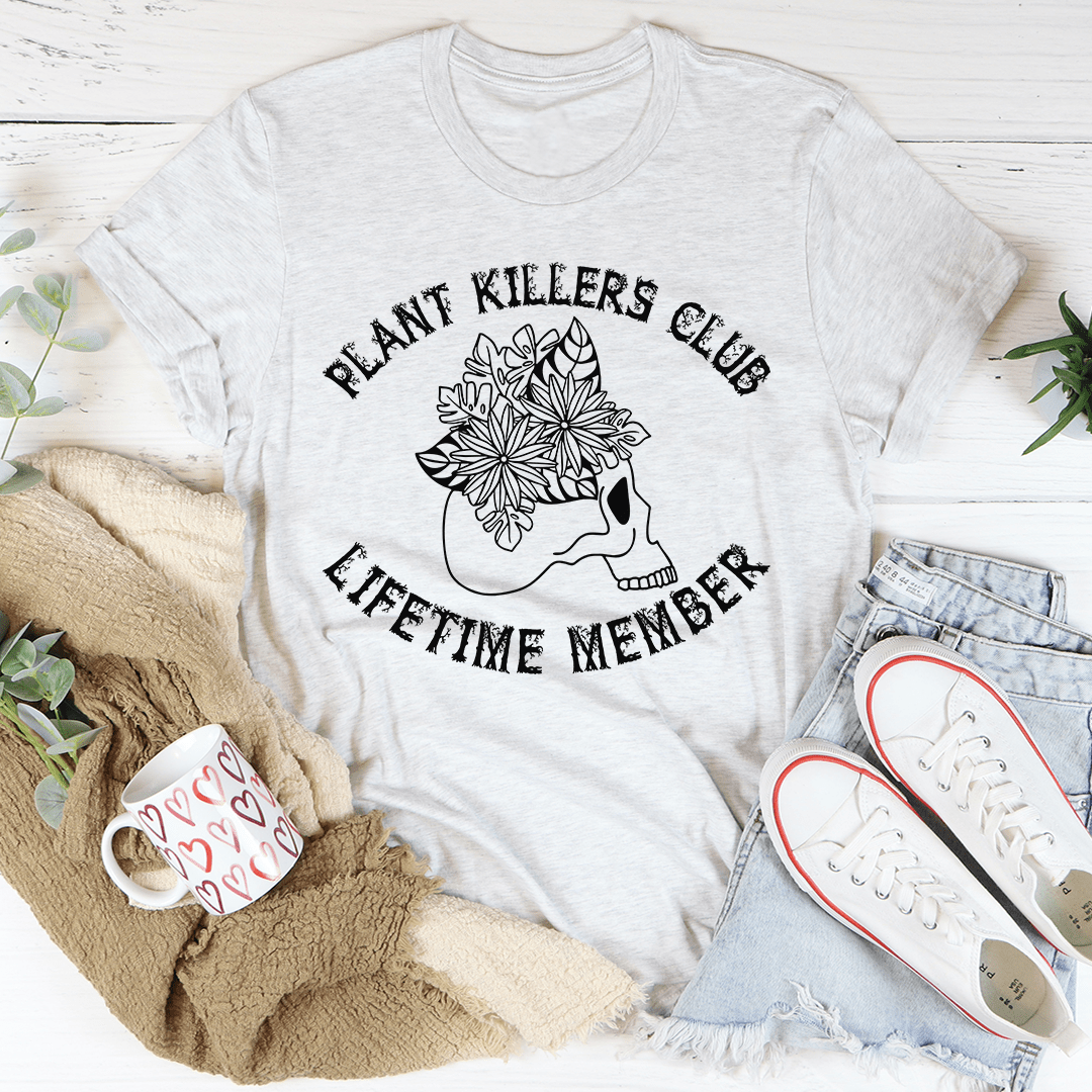 Plant Killers Club T-Shirt made of soft ring-spun cotton, featuring double stitching for durability and a playful design for plant lovers.