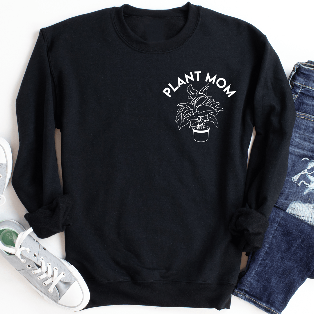 Cozy Plant Mom sweats featuring a cotton/poly fleece blend, designed by top artists, perfect for plant lovers.