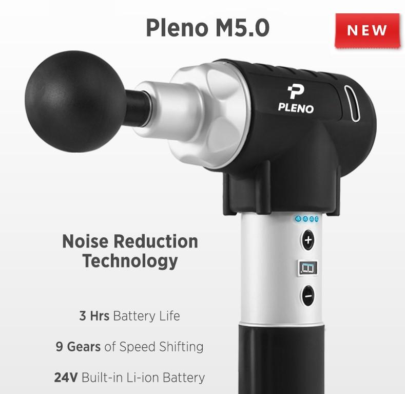 Pleno M5.0 Handheld Massager with various attachments, showcasing its ergonomic design and features for muscle relief.