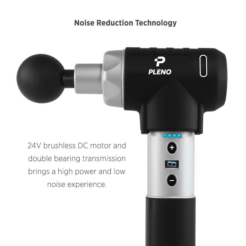 Pleno M5.0 Handheld Massager with various attachments, showcasing its ergonomic design and features for muscle relief.