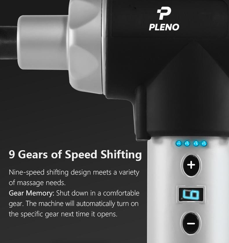 Pleno M5.0 Handheld Massager with various attachments, showcasing its ergonomic design and features for muscle relief.