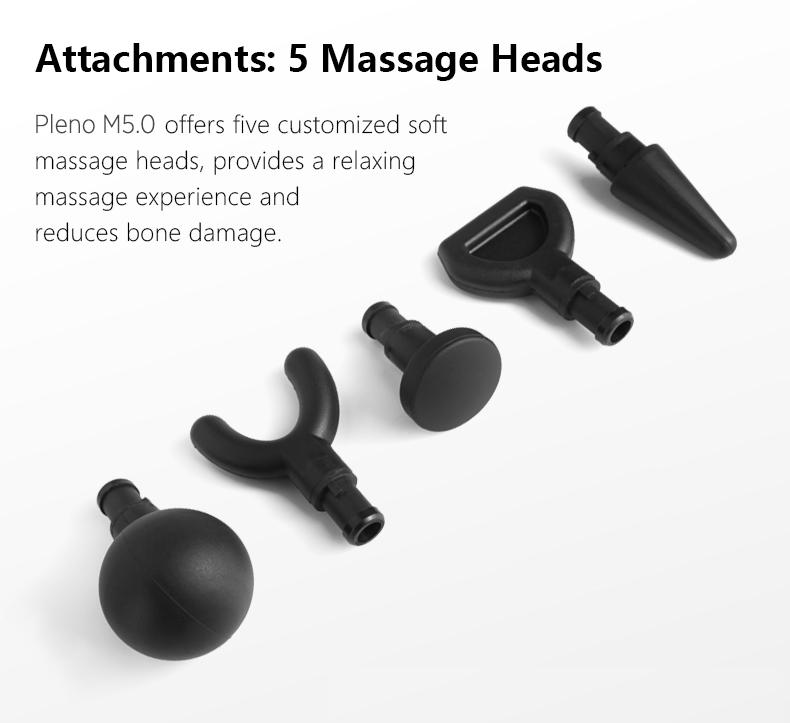 Pleno M5.0 Handheld Massager with various attachments, showcasing its ergonomic design and features for muscle relief.