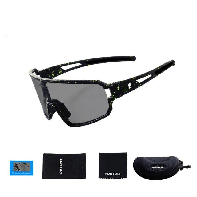 Polarized photochromic sunglasses with UV protection, suitable for men and women, displayed in various colors including black and blue starry.