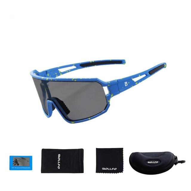 Polarized photochromic sunglasses with UV protection, suitable for men and women, displayed in various colors including black and blue starry.