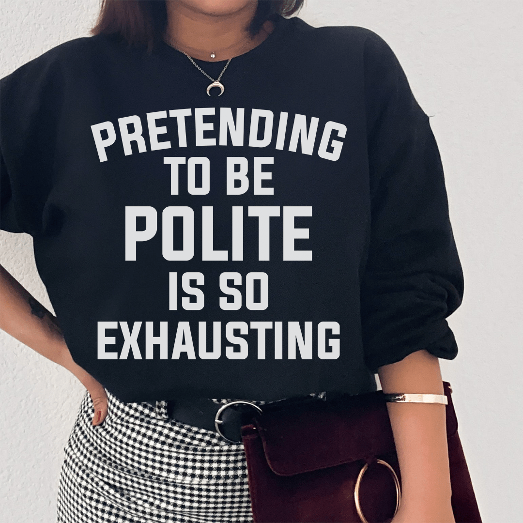 A cozy pair of 'Pretending To Be Polite' sweats featuring unique artistic designs, made from a warm cotton/poly fleece blend.