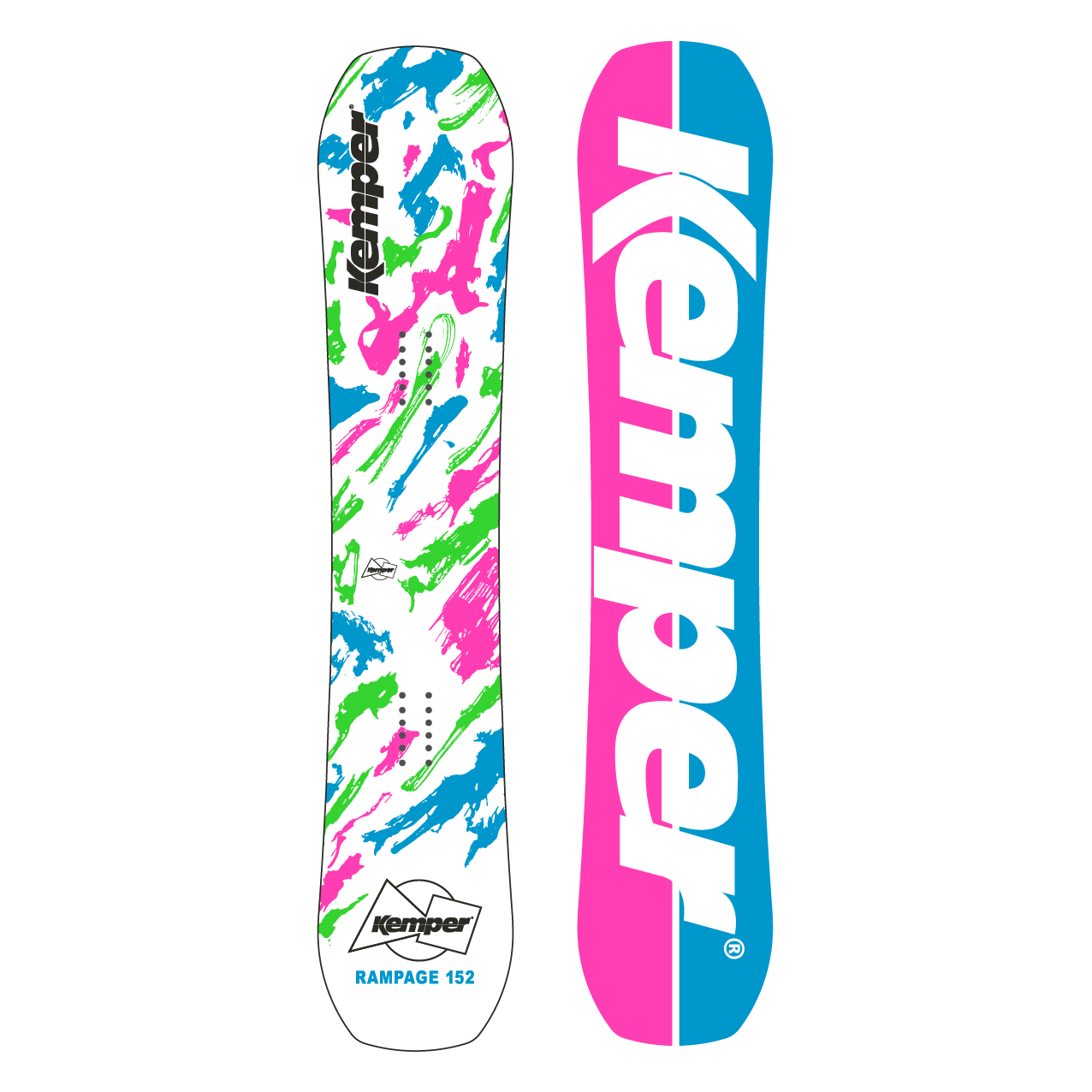 Rampage 1989/1990 snowboard featuring a blunt twin tip design and glossy topsheet, ideal for park riding and freestyle performance.