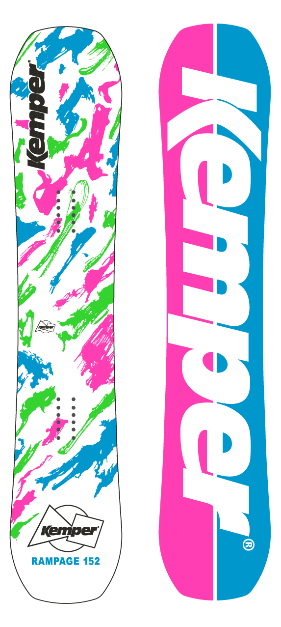 Rampage 1989/1990 snowboard featuring a blunt twin tip design and glossy topsheet, ideal for park riding and freestyle performance.