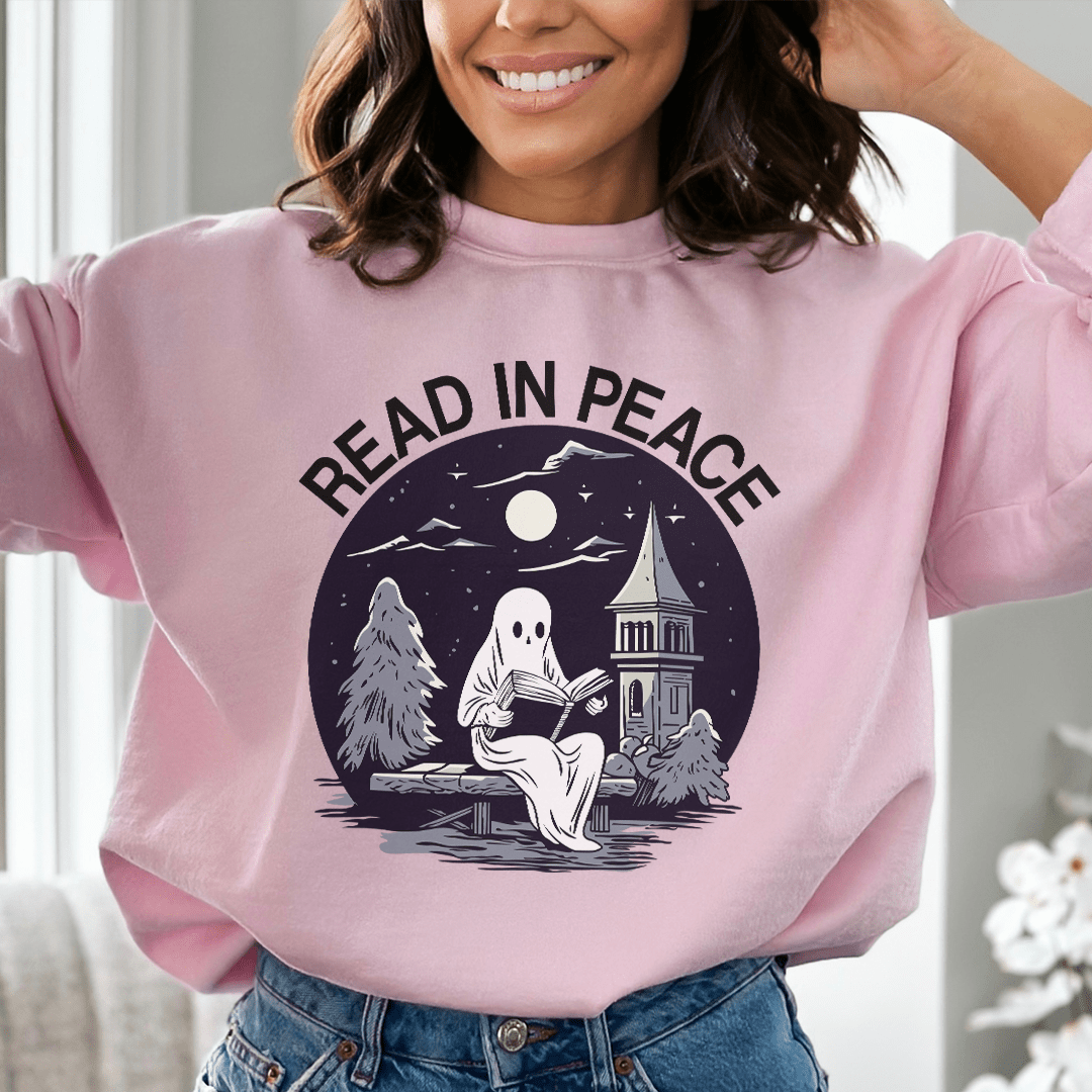 Cozy 'Read In Peace' sweats featuring unique designs by top artists, made from a warm cotton/poly fleece blend.