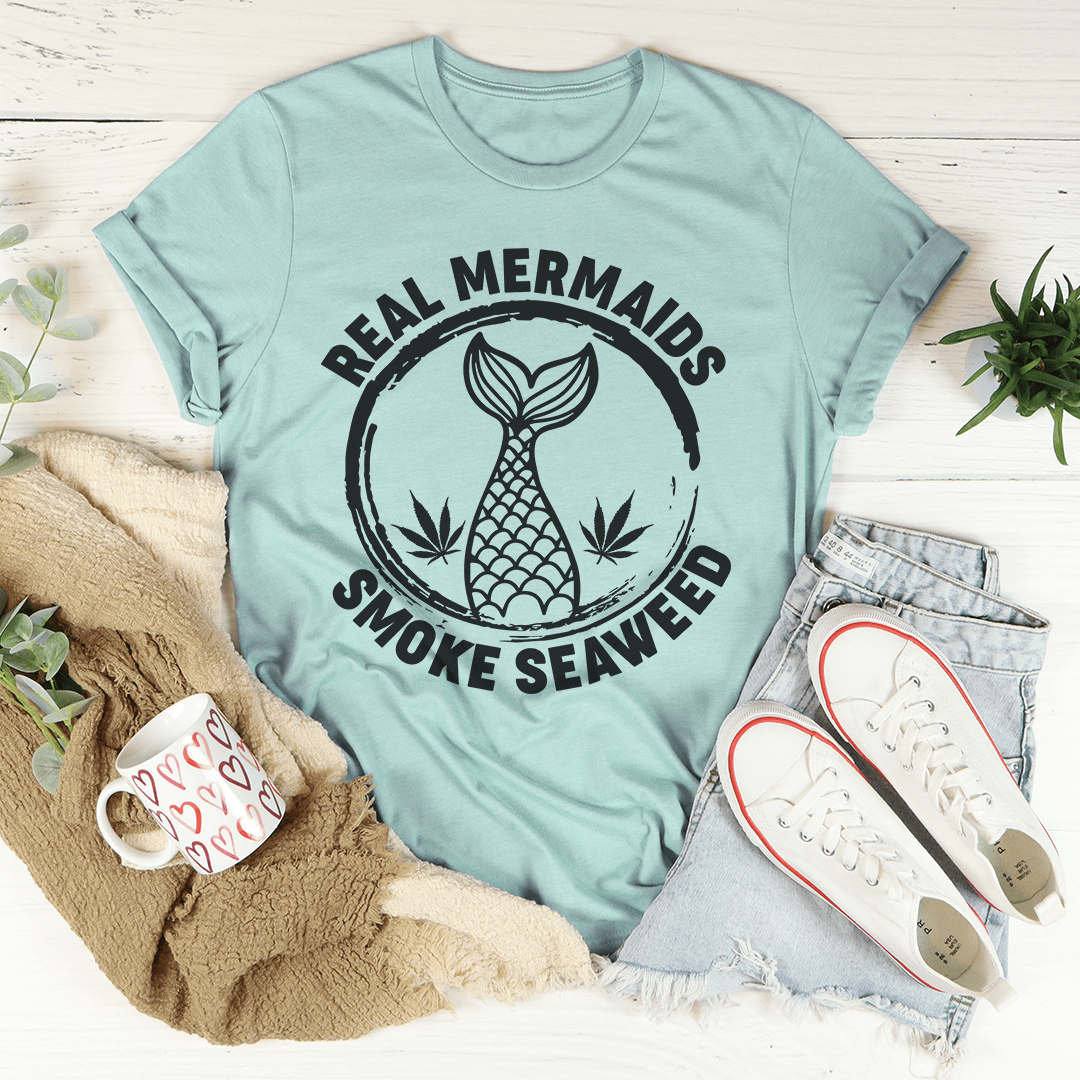 Real Mermaids T-Shirt featuring a whimsical mermaid design, made from soft ring-spun cotton with durable stitching.