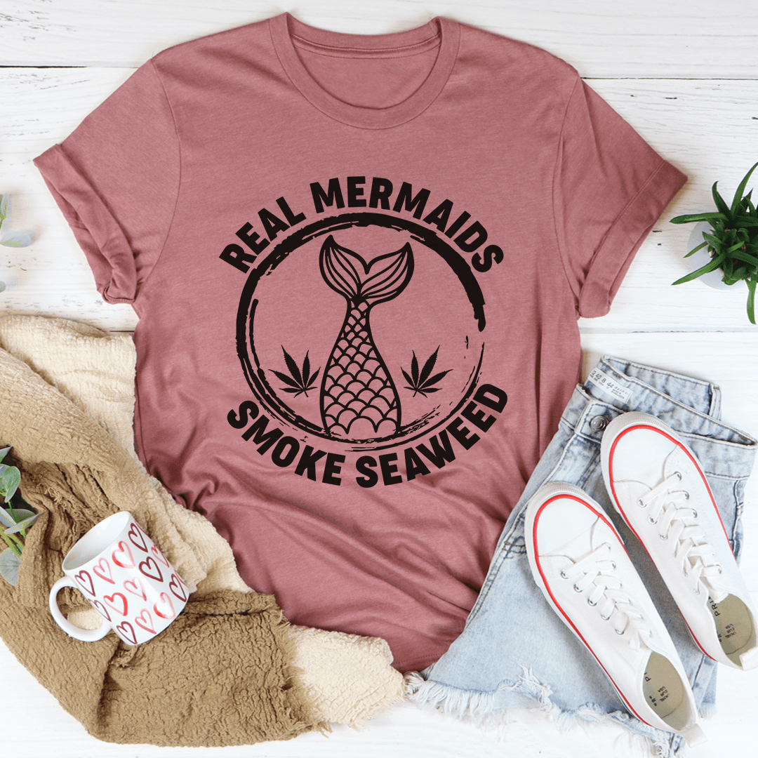 Real Mermaids T-Shirt featuring a whimsical mermaid design, made from soft ring-spun cotton with durable stitching.