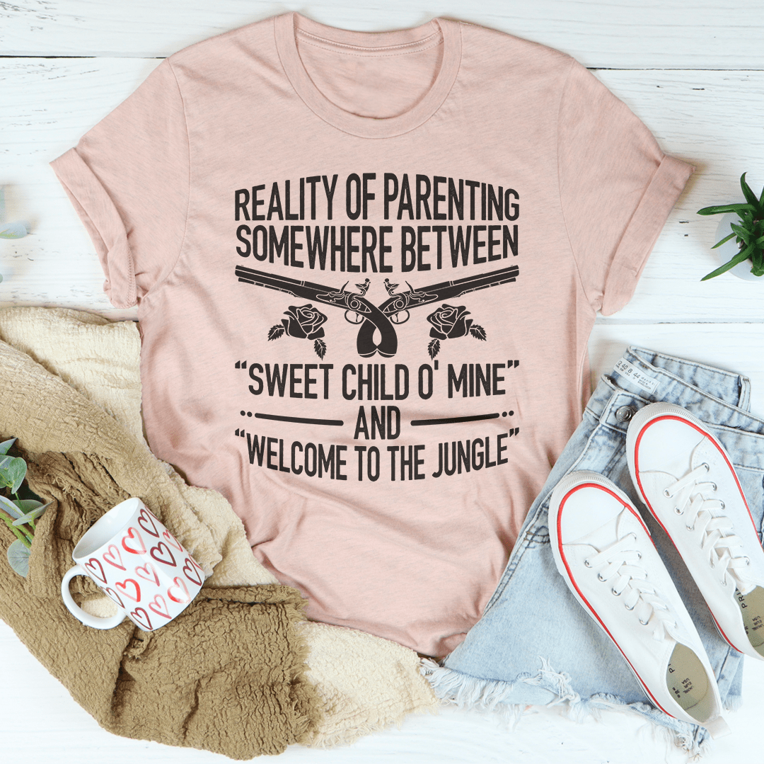 A comfortable Reality Of Parenting T-Shirt made from soft ring-spun cotton, featuring durable double stitching and a humorous parenting design.