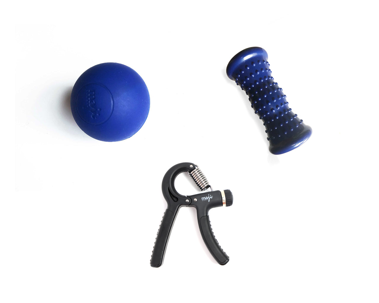 Recovery & Grip Strength 2 set including a Trigger Point Ball, Foot Massager, and Adjustable Handgrip, showcasing their ergonomic designs and natural rubber material.