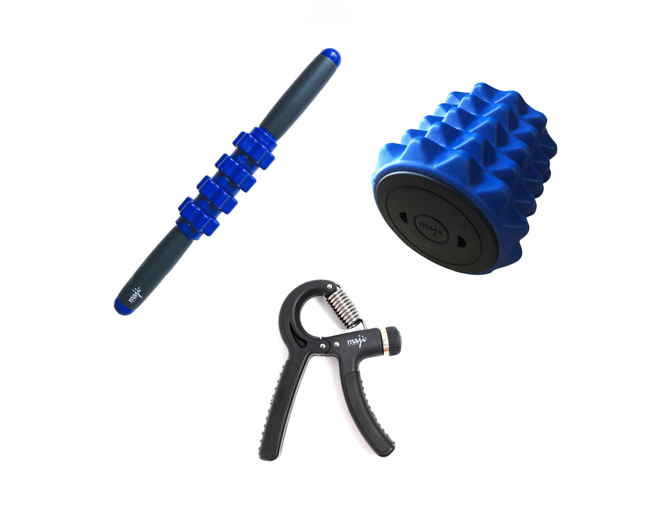 A set of recovery tools including a Mini Massage Stick, Mini Foam Roller, and Handgrip designed for muscle recovery and grip strength enhancement.