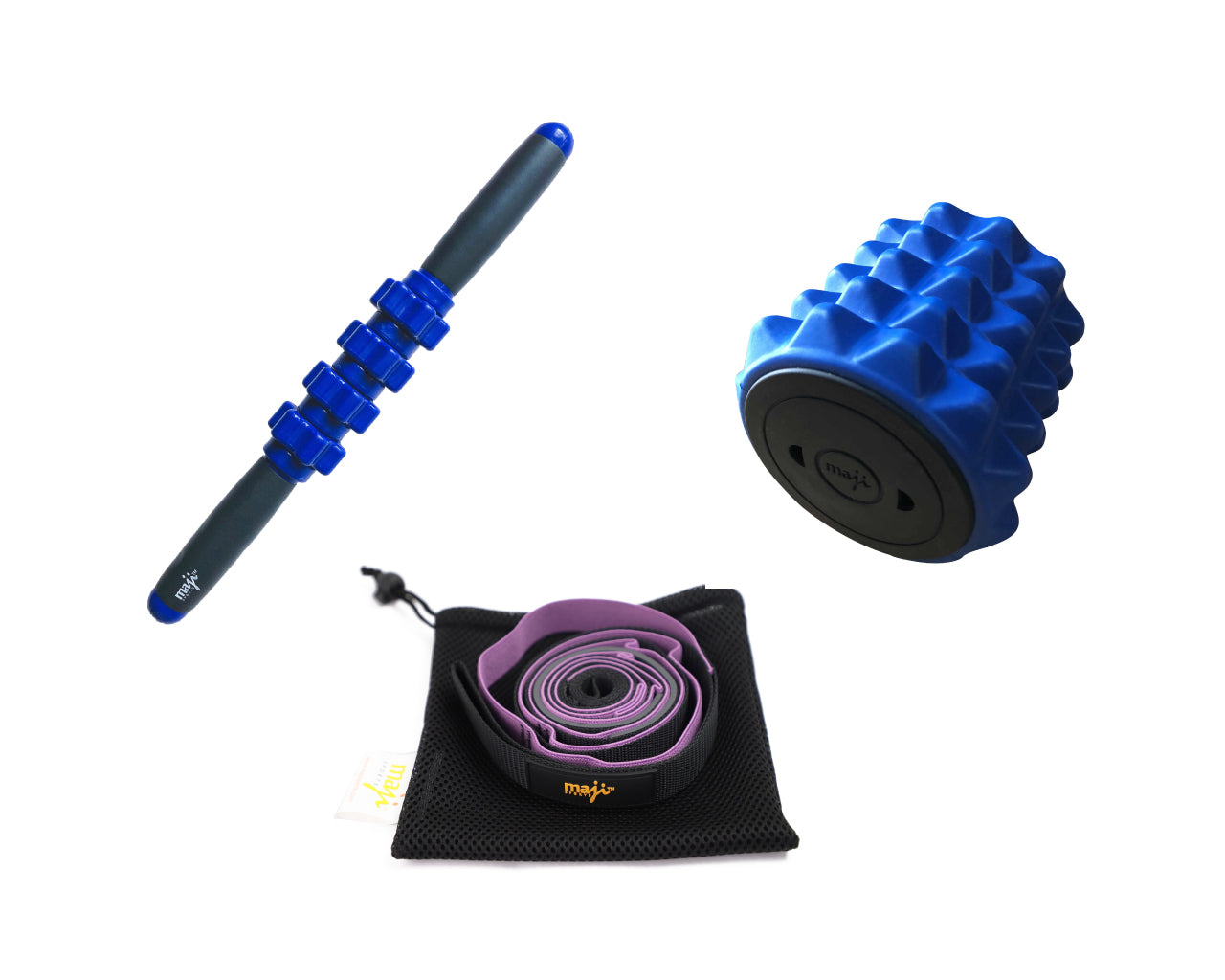 Recovery & Stretching 2 set including a mini massage stick, foam roller, and yoga strap, designed for muscle recovery and flexibility.