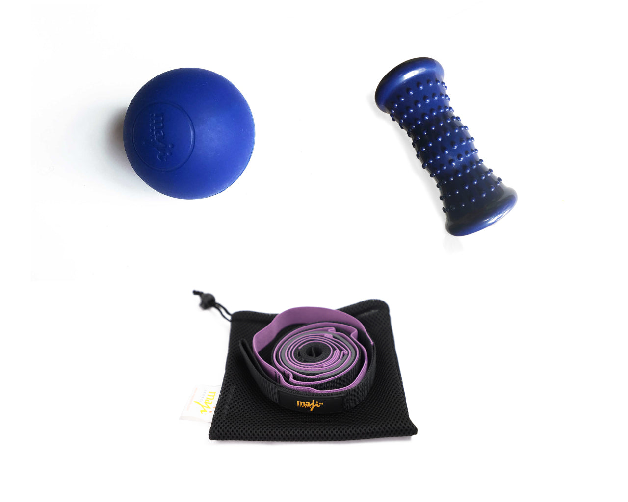 Recovery & Stretching 4 set featuring a Trigger Point Ball, Foot Massager, and Yoga Strap with 9 loops, designed for muscle relief and flexibility.