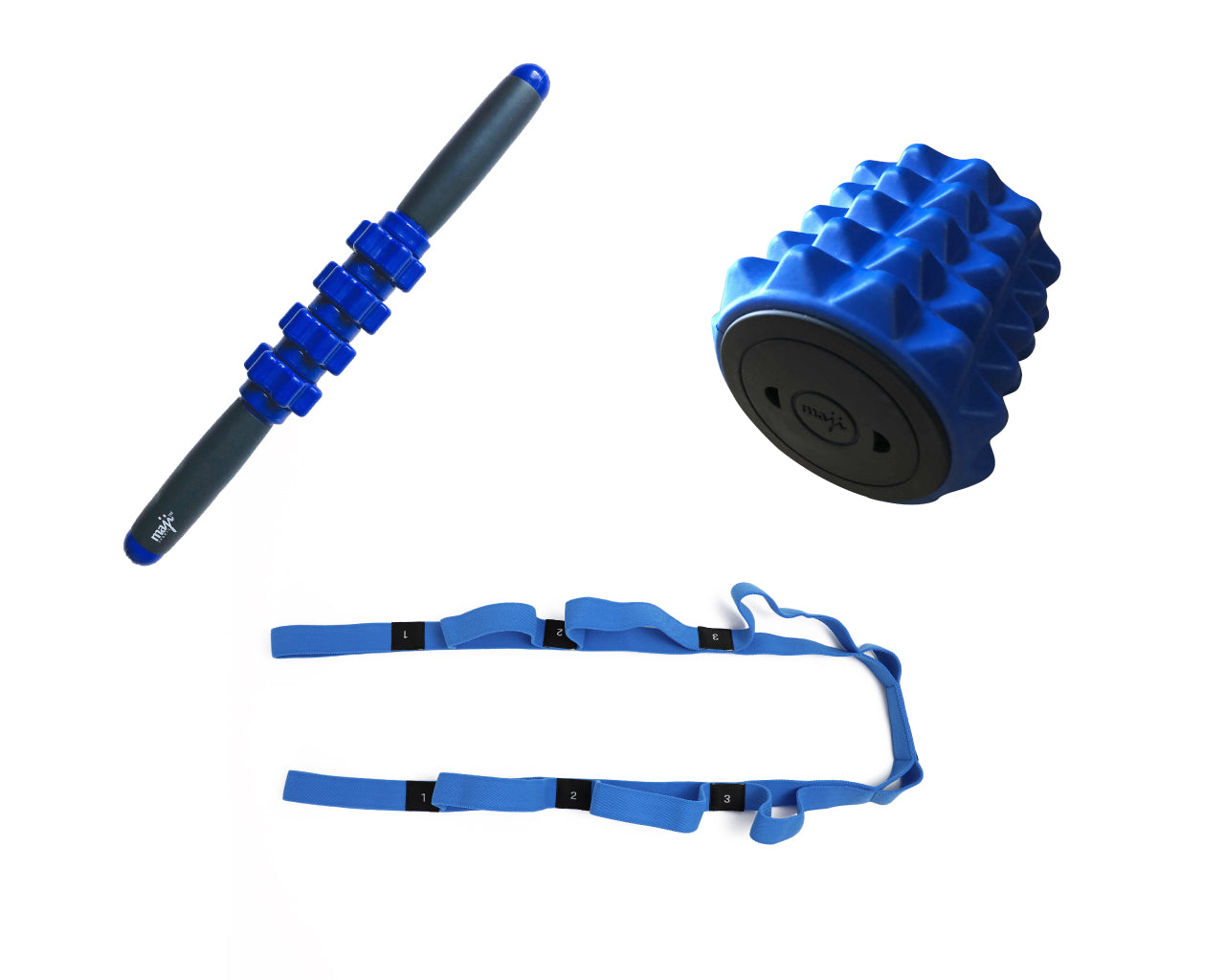 A set of recovery tools including a Mini Massage Stick, Mini Foam Roller, and Yoga Strap with 10 loops, designed for muscle recovery and flexibility.