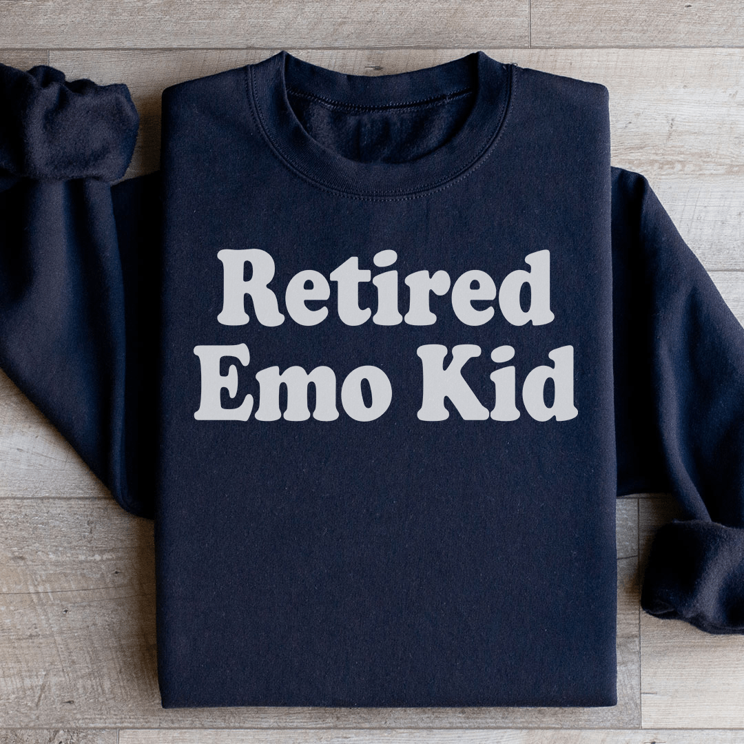 Retired Emo Kid hoodie featuring unique artistic design, cozy fleece lining, and adjustable cuffs.