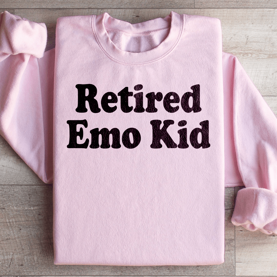 Retired Emo Kid hoodie featuring unique artistic design, cozy fleece lining, and adjustable cuffs.