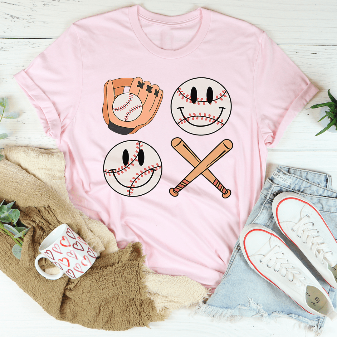 Retro Smiley Baseball Tee featuring a playful smiley graphic on a soft cotton fabric, perfect for casual wear.