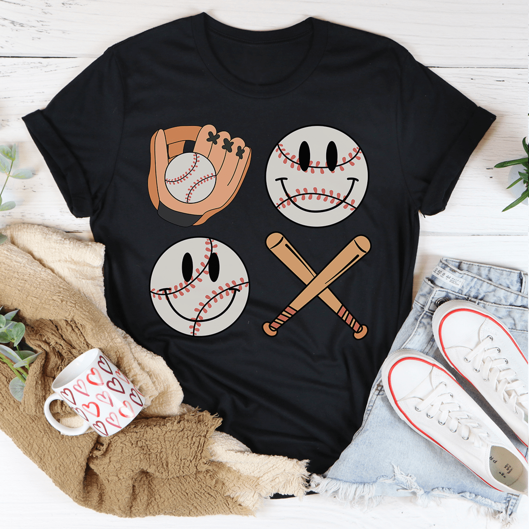 Retro Smiley Baseball Tee featuring a playful smiley graphic on a soft cotton fabric, perfect for casual wear.