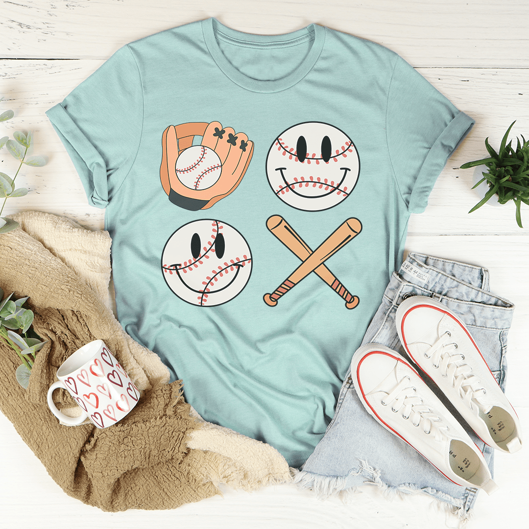 Retro Smiley Baseball Tee featuring a playful smiley graphic on a soft cotton fabric, perfect for casual wear.