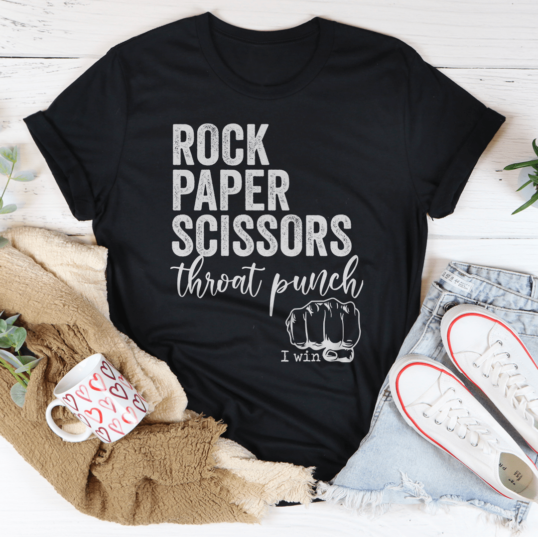 A stylish Rock Paper Scissors Tee made from soft ring-spun cotton, featuring double stitching for durability and a vibrant DTG printed design.