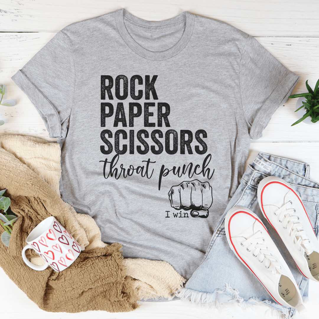 A stylish Rock Paper Scissors Tee made from soft ring-spun cotton, featuring double stitching for durability and a vibrant DTG printed design.