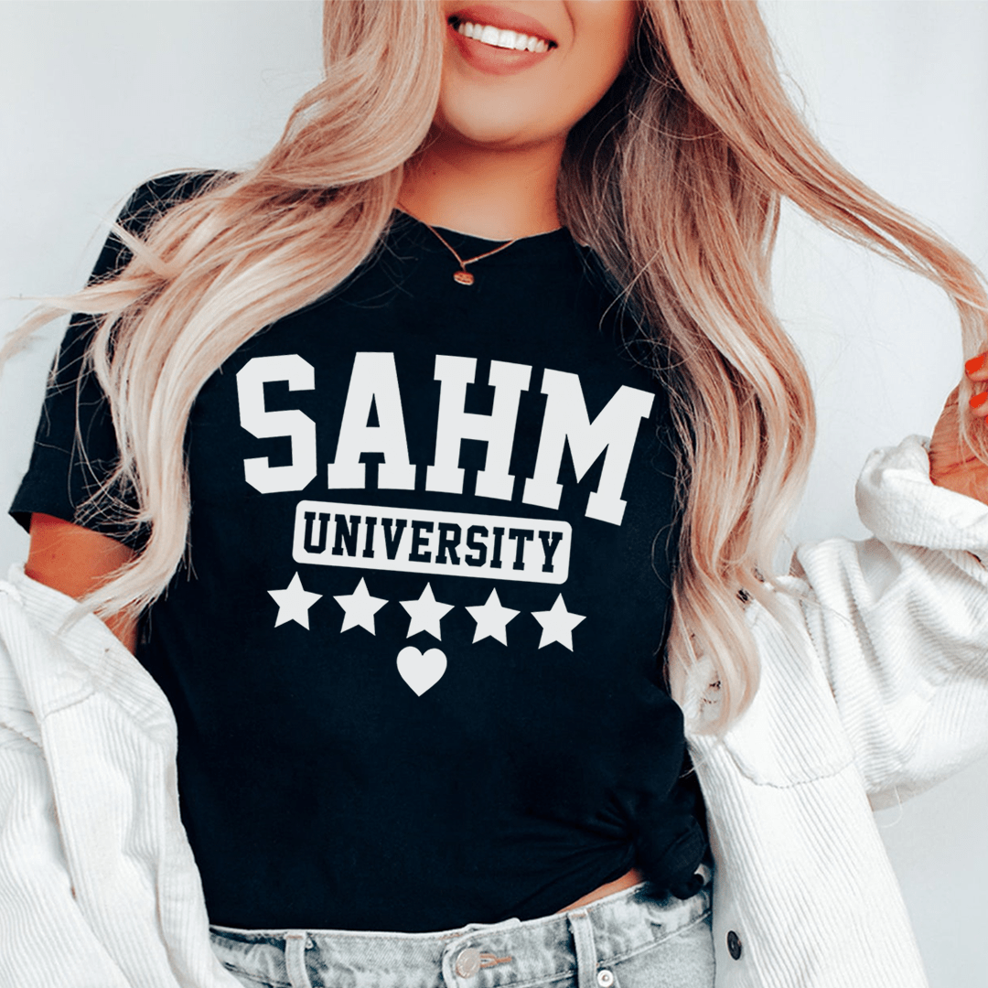 SAHM University T-Shirt made of soft ring-spun cotton with double stitching, available in various sizes.