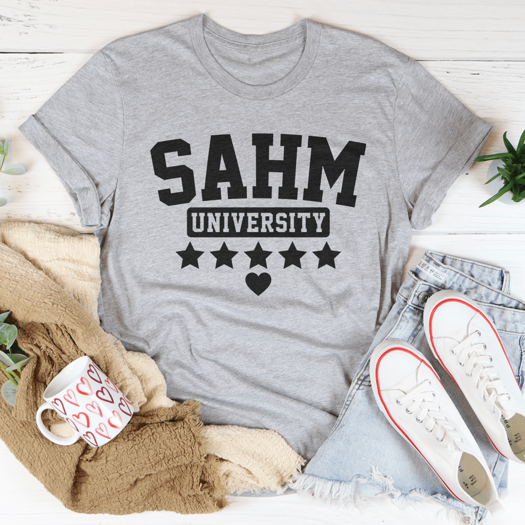 SAHM University T-Shirt made of soft ring-spun cotton with double stitching, available in various sizes.