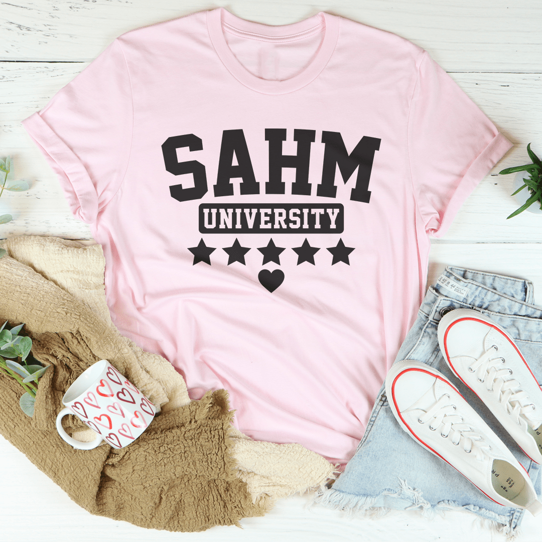 SAHM University T-Shirt made of soft ring-spun cotton with double stitching, available in various sizes.