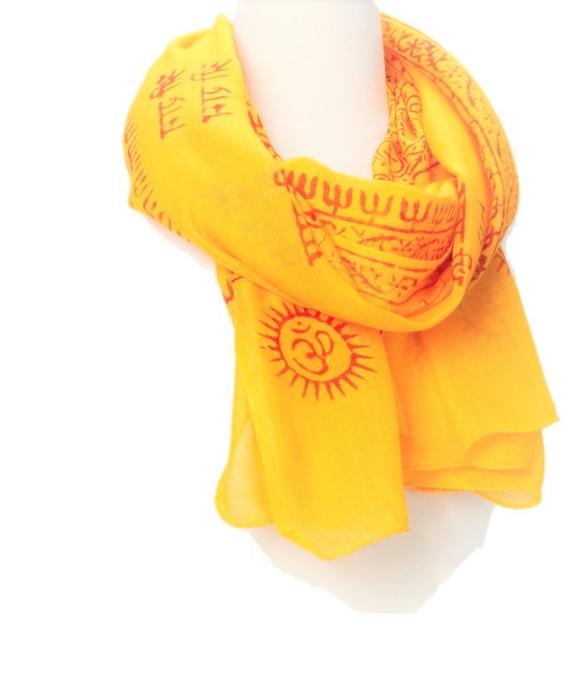 A vibrant Sanskrit Mantra scarf featuring the OM symbol and sacred designs in red on a colored background, made from soft Cotton Rayon fabric.