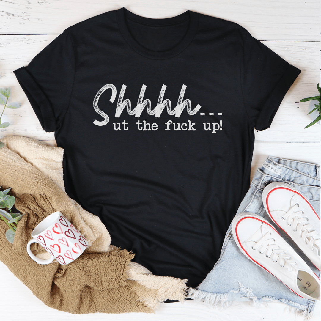 A soft and durable Shhhh Tee t-shirt in various colors, showcasing its double stitching and comfortable fit.