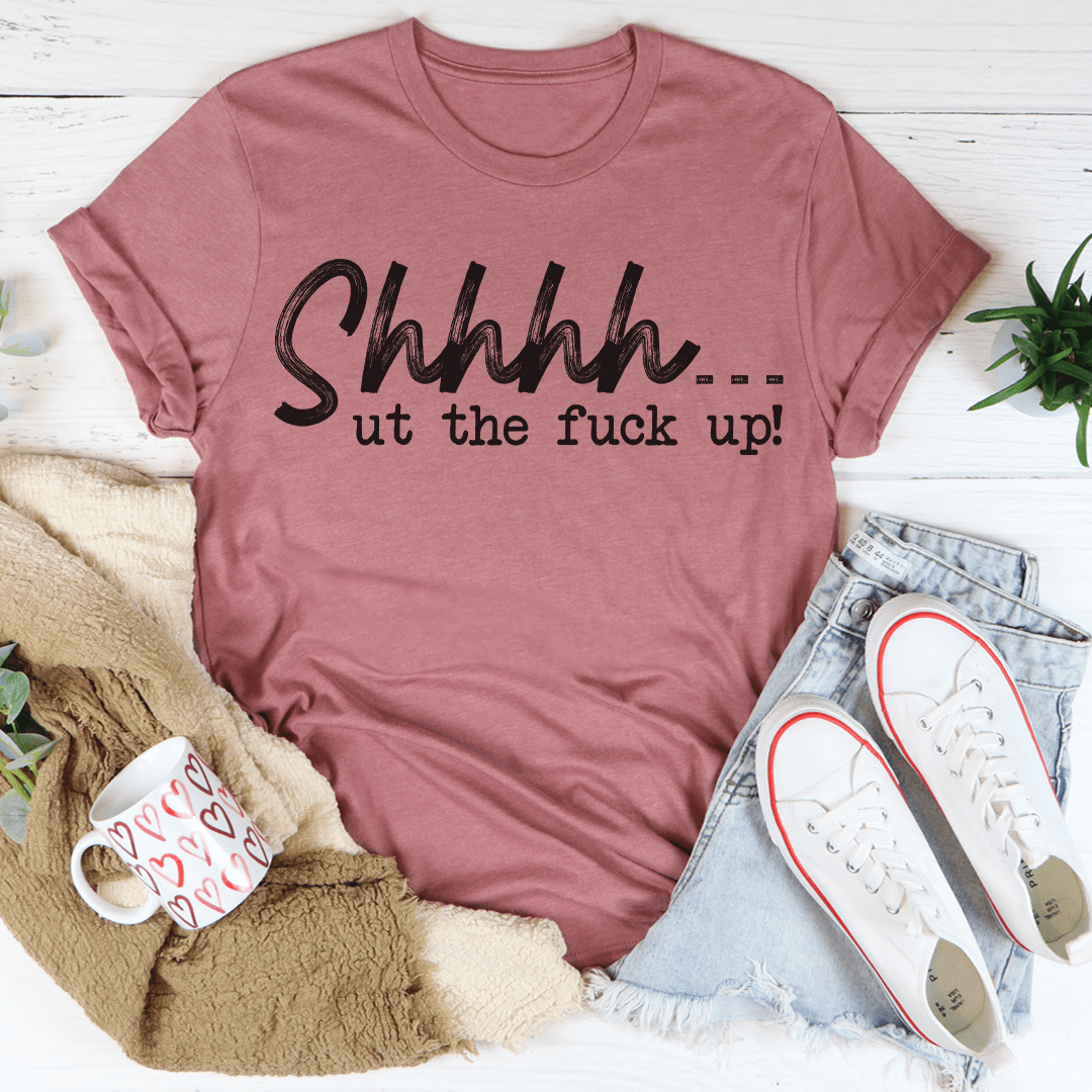 A soft and durable Shhhh Tee t-shirt in various colors, showcasing its double stitching and comfortable fit.