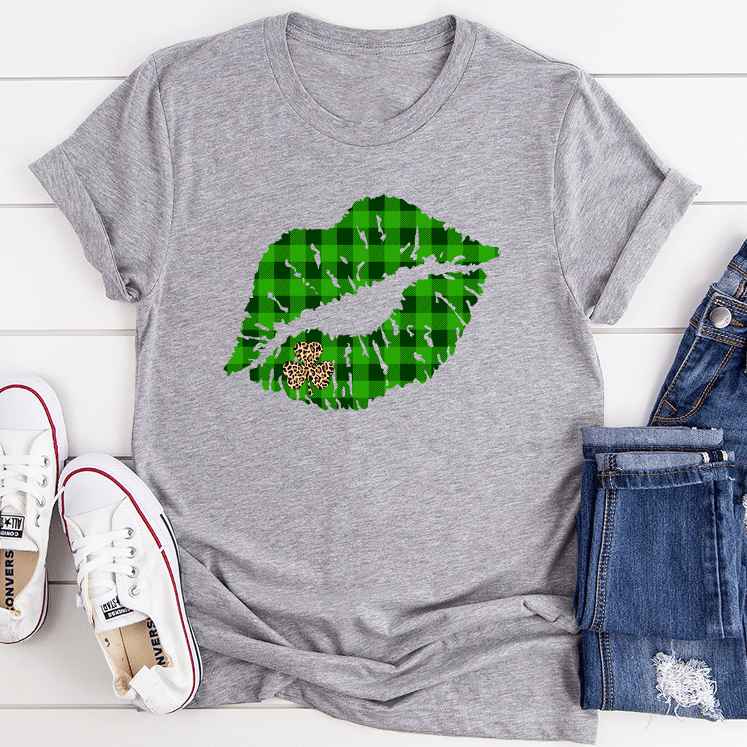 Shamrock Lips T-Shirt featuring a vibrant shamrock lips design on a soft cotton fabric, perfect for casual wear.