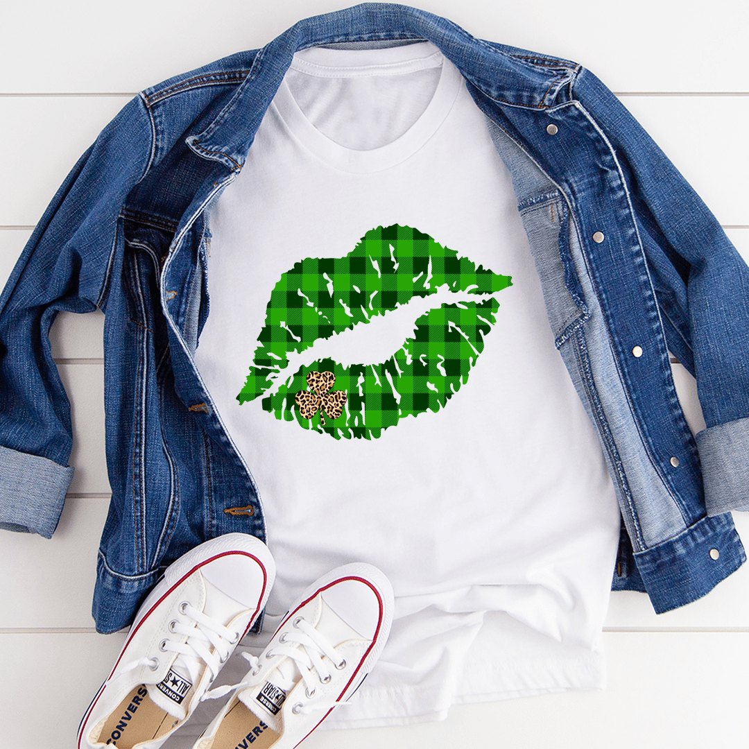 Shamrock Lips T-Shirt featuring a vibrant shamrock lips design on a soft cotton fabric, perfect for casual wear.