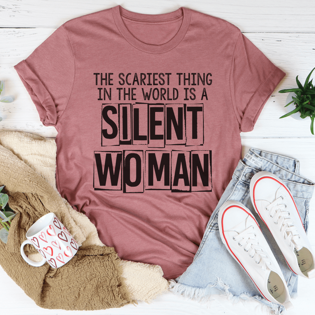 A stylish Silent Woman T-Shirt made from soft ring-spun cotton, featuring double stitching for durability, available in various sizes.