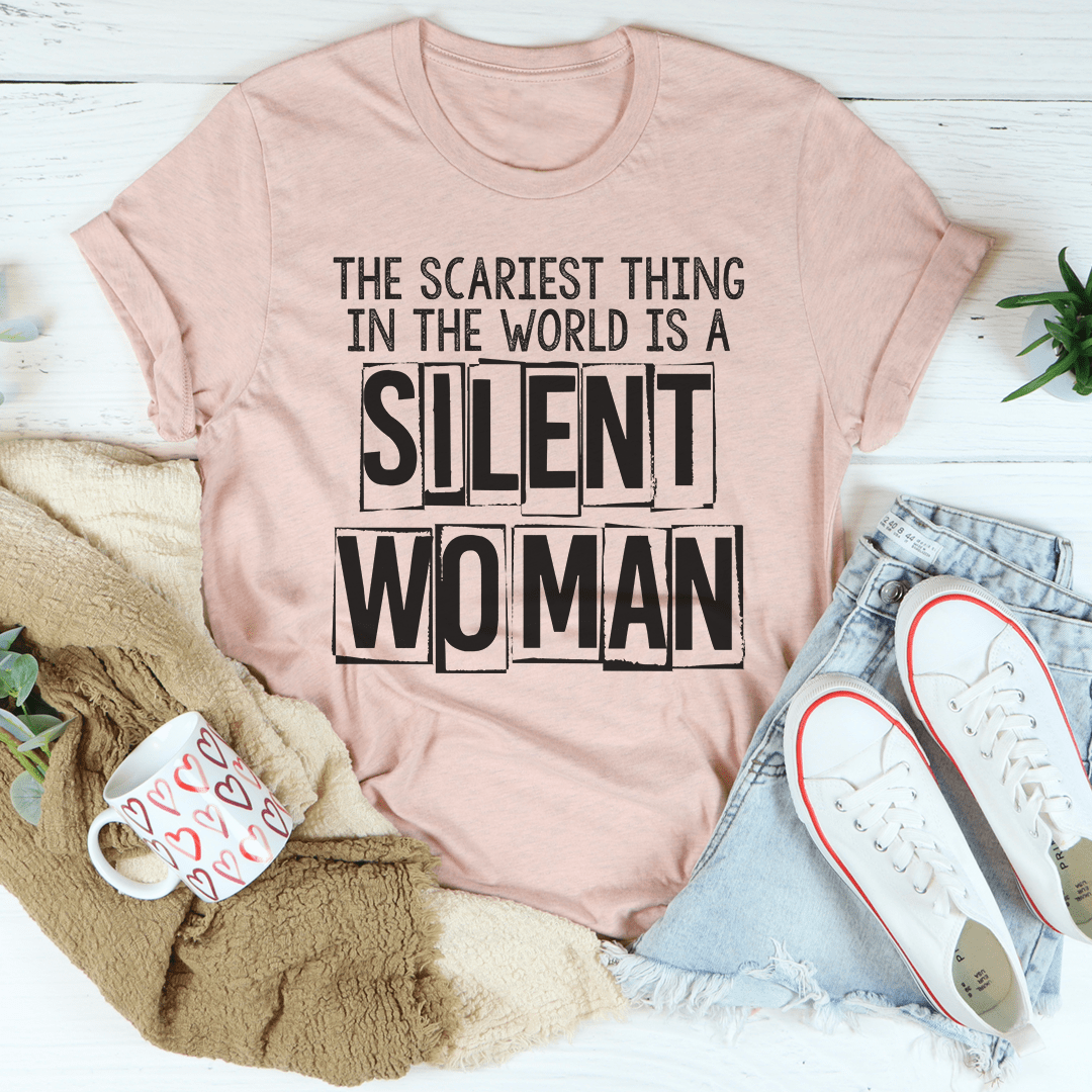 A stylish Silent Woman T-Shirt made from soft ring-spun cotton, featuring double stitching for durability, available in various sizes.