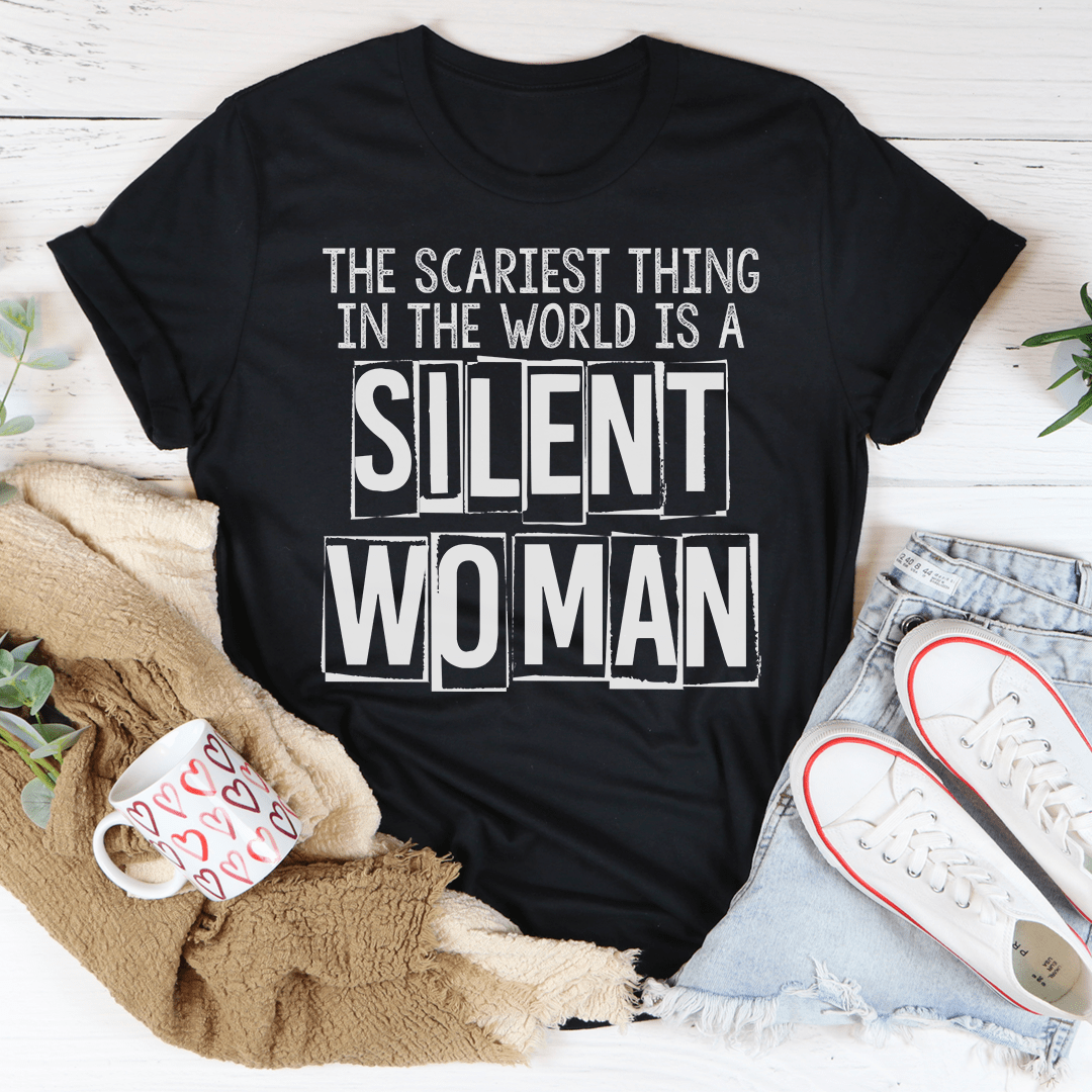 A stylish Silent Woman T-Shirt made from soft ring-spun cotton, featuring double stitching for durability, available in various sizes.