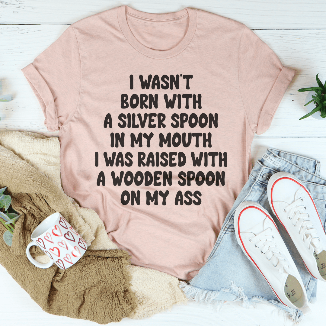 A stylish Silver Spoon Tee made from soft ring-spun cotton, featuring double stitching on the neckline and sleeves, available in various sizes.