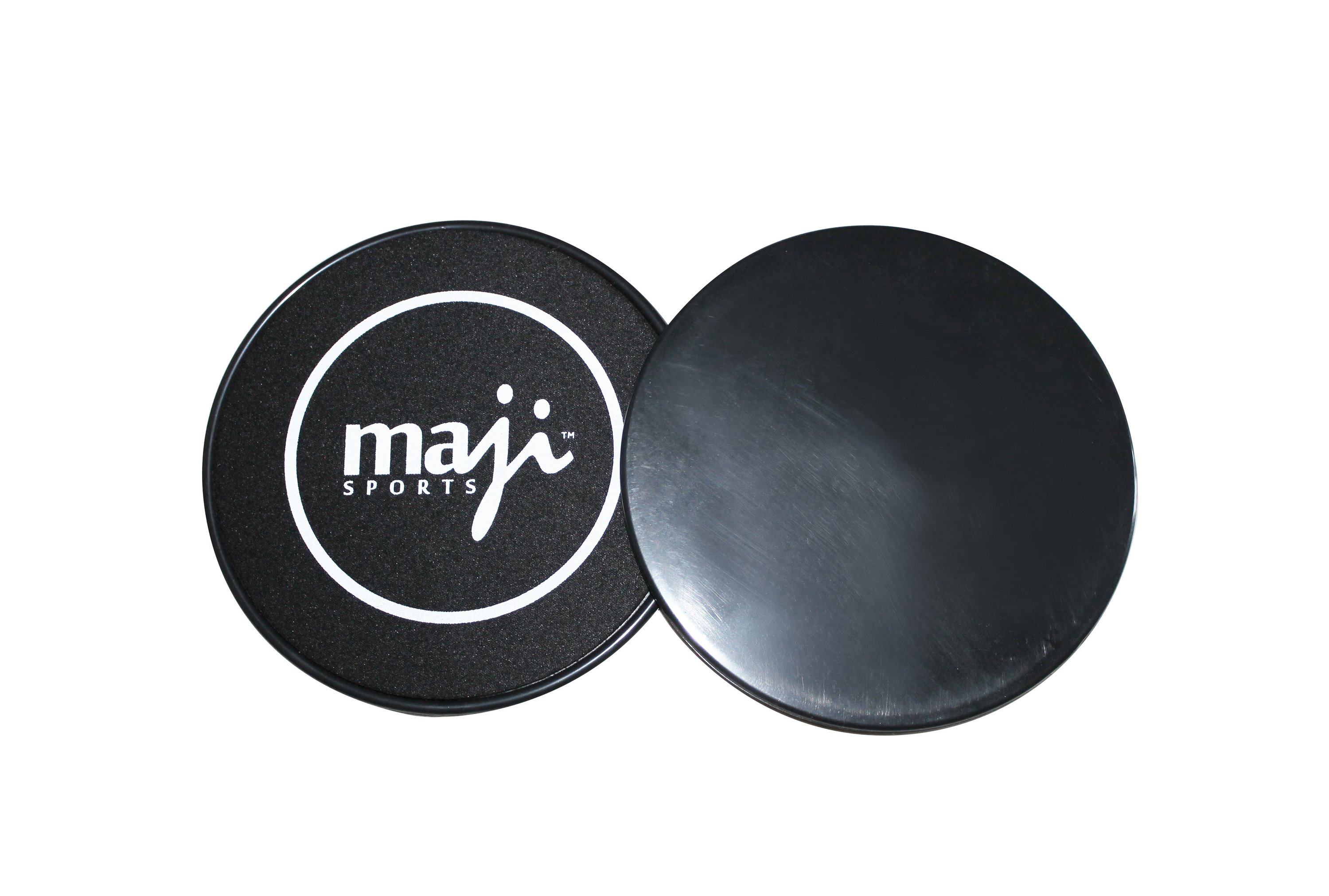 Maji Sports Sliding Core Exercise Discs on a hardwood floor, showcasing their dual-sided design for various workout surfaces.