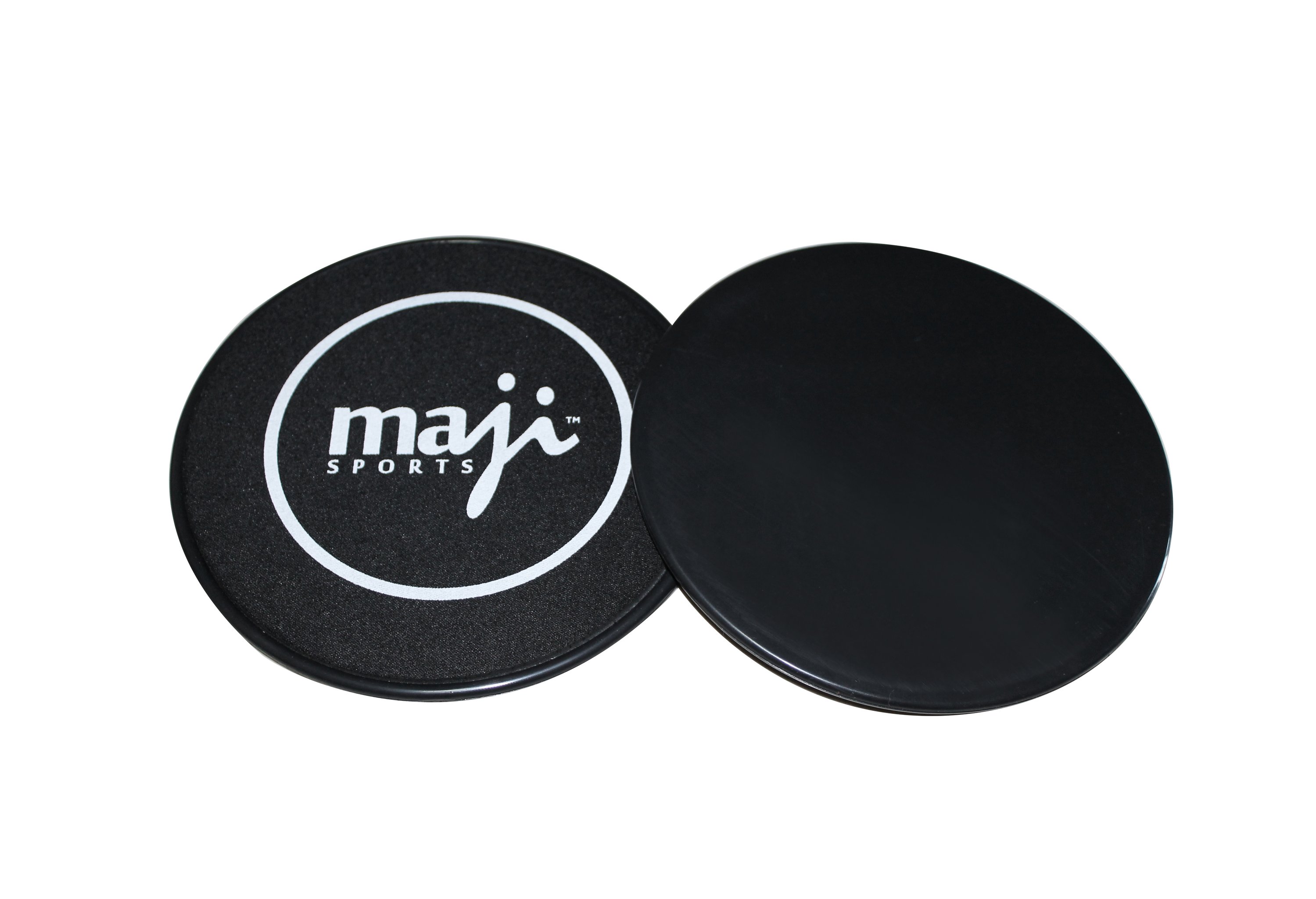 Maji Sports Sliding Core Exercise Discs on a hardwood floor, showcasing their dual-sided design for various workout surfaces.