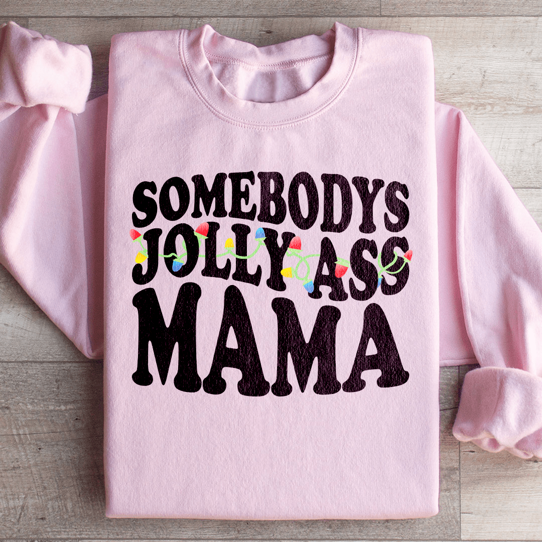 Somebody's Jolly Mama sweats featuring unique artistic designs, cozy fleece lining, and adjustable cuffs.